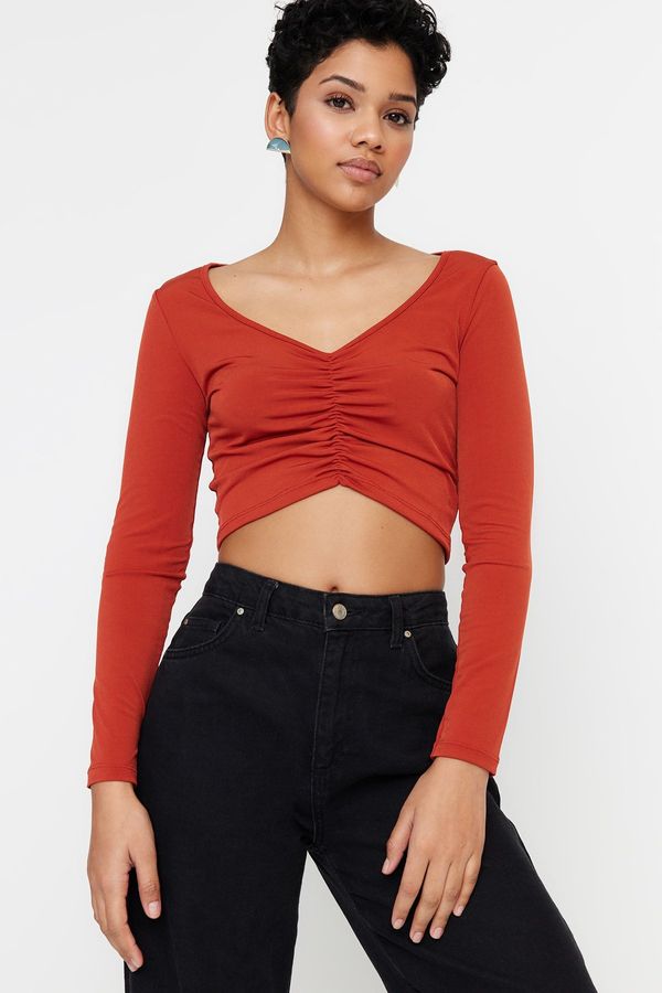 Trendyol Trendyol Cinnamon Shirred Detail Fitted/Simple Crop, Stretchy Knitted Blouse