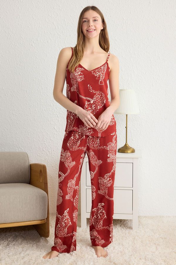 Trendyol Trendyol Cinnamon Tiger Patterned Rope Strap Viscose Woven Pajama Set