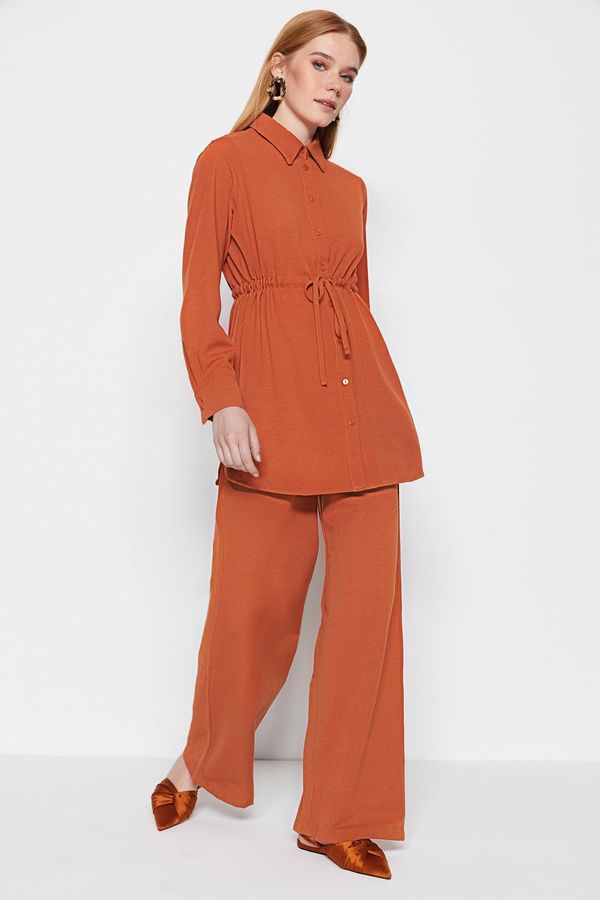 Trendyol Trendyol Cinnamon Waist Shirred Woven Aerobin Linen Look Shirt-Pants Suit