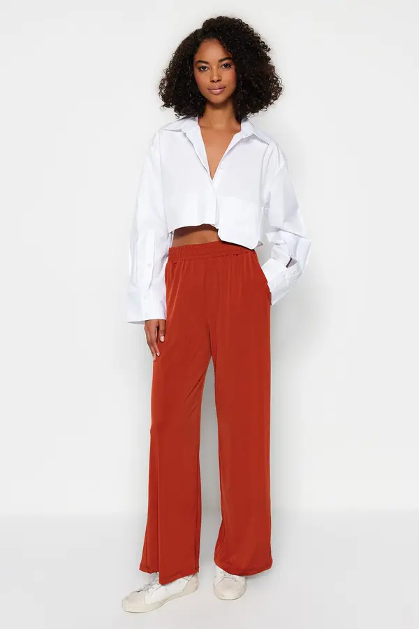 Trendyol Trendyol Cinnamon Wide Leg/Casual Fit High Waist Stretchy Knitted Pants