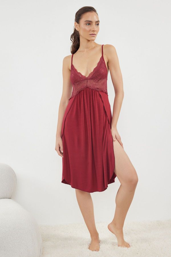 Trendyol Trendyol Claret Red 100% Cotton Lace Back and Slit Detailed Rope Strap Knitted Nightgown