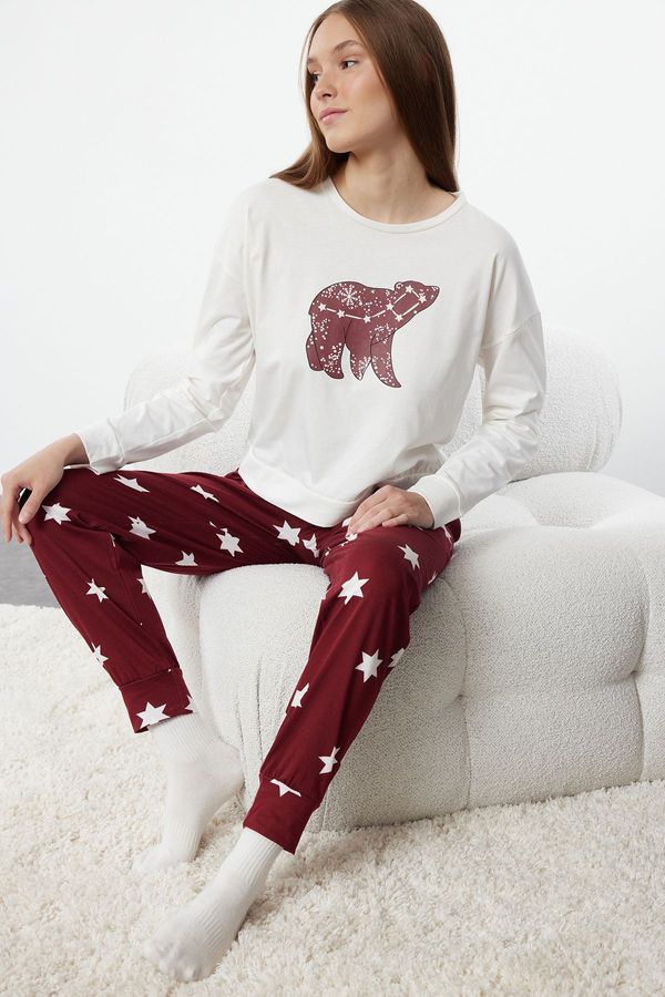 Trendyol Trendyol Claret Red 100% Cotton Star Patterned Knitted Pajama Set