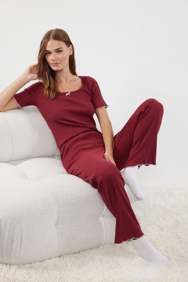 Trendyol Trendyol Claret Red Cotton Baby Overlock and Ribbon/Bow Detailed Ribbed Knitted Pajama Set