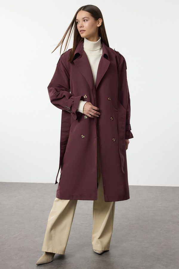 Trendyol Trendyol Claret Red Oversize Belted Windbreaker Detailed Water Repellent Long Trench Coat