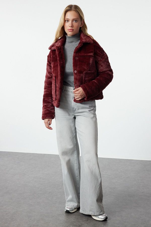 Trendyol Trendyol Claret Red Oversized Plush Coat with Quilted Detail