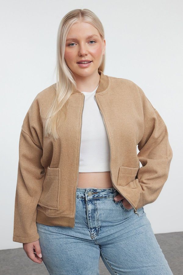 Trendyol Trendyol Curve Beige Zippered Long Sleeve Pocketed Plus Size Jacket