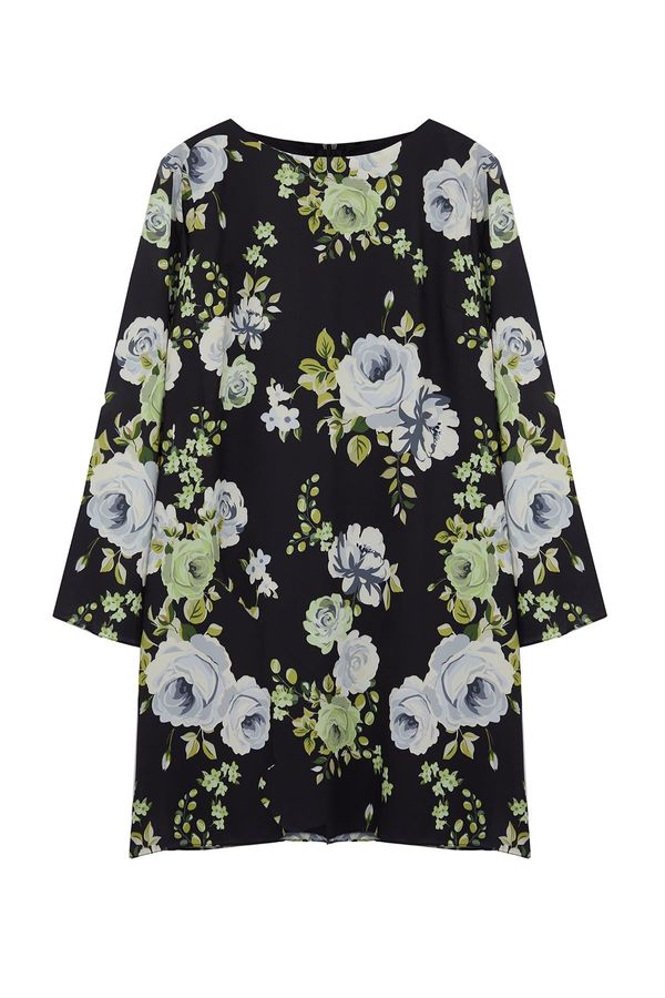 Trendyol Trendyol Curve Black Boat Neck Floral Patterned Satin Dress