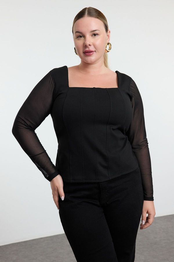 Trendyol Trendyol Curve Black Bodycone Tulle Detailed Knitted Stylish Blouse