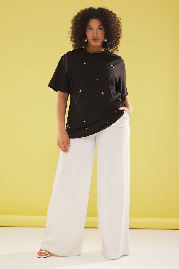 Trendyol Trendyol Curve Black Crew Neck with Stones 100% Cotton Knitted Plus Size T-shirt