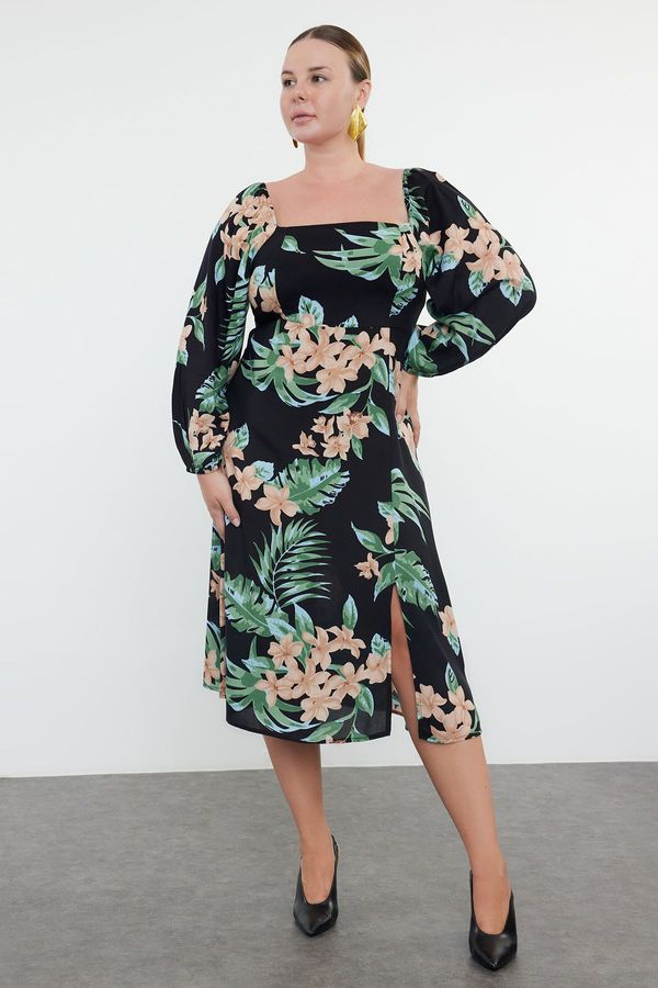 Trendyol Trendyol Curve Black Floral Long Sleeve Woven Plus Size Midi Dress