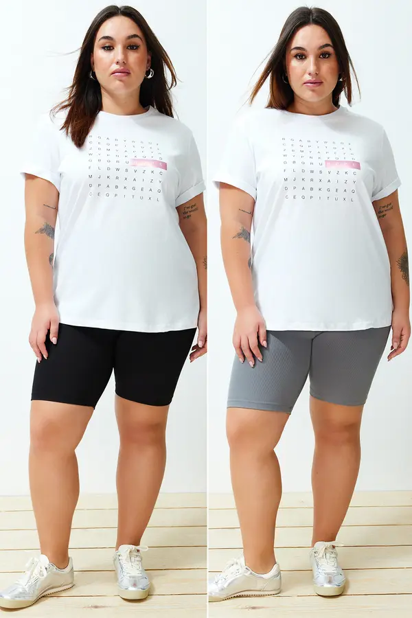 Trendyol Trendyol Curve Black-Grey High Waist 2-Pack Biker Short Length Ribbed Knit Plus Size Leggings