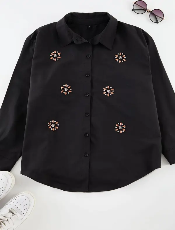 Trendyol Trendyol Curve Black Large Size Stone Embroidered Poplin Shirt