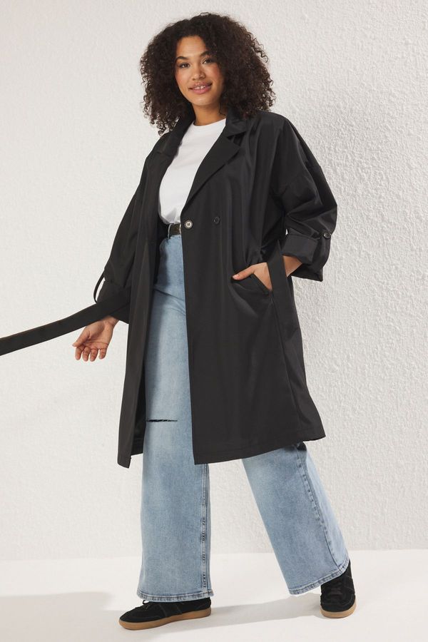 Trendyol Trendyol Curve Black Long Oversize Plus Size Trench Coat