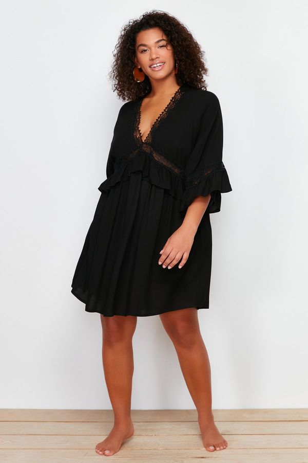 Trendyol Trendyol Curve Black Mini Woven Striped Accessory Beach Dress