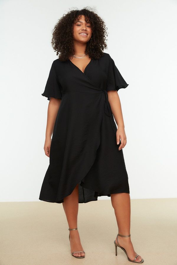 Trendyol Trendyol Curve Black Plain Wrapped Midi Plus Size Weaving Dress
