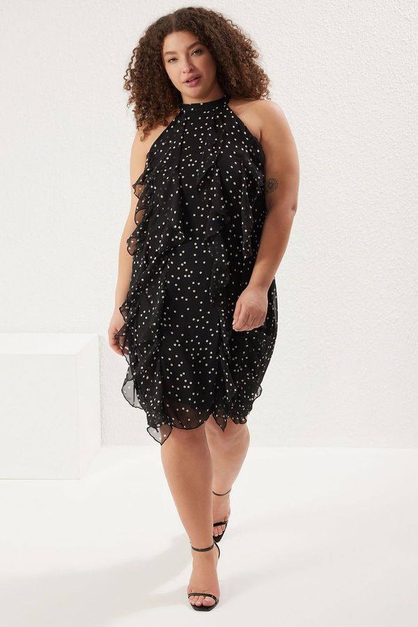 Trendyol Trendyol Curve Black Polka Dot Halter Neck Ruffle Chiffon Woven Plus Size Dress