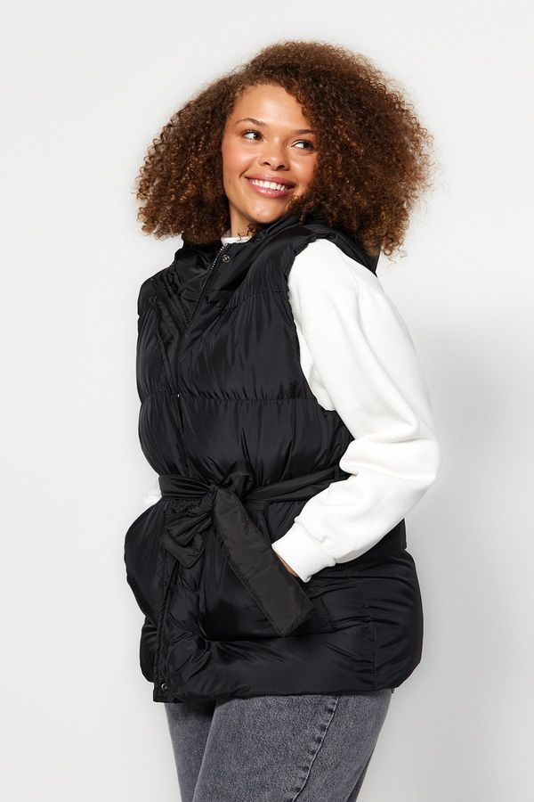 Trendyol Trendyol Curve Black Regular Fit Belted Hooded Puffer Vest