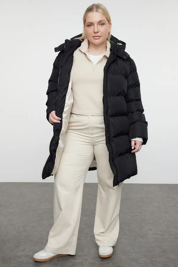Trendyol Trendyol Curve Black Regular Fit Contrast Lining Detailed Long Puffer Parka Coat