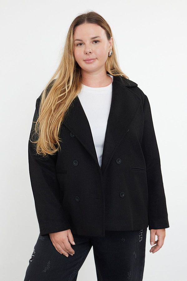Trendyol Trendyol Curve Black Regular Fit Double Breasted Closure Wool Blend Stretch Coat