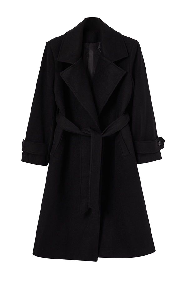 Trendyol Trendyol Curve Black Regular Fit Wide Collar Detailed Long Wool Blend Cashew Coat