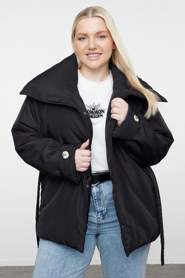 Trendyol Trendyol Curve Black Regular Fit Wide Collar Waist Tie Detailed Coat