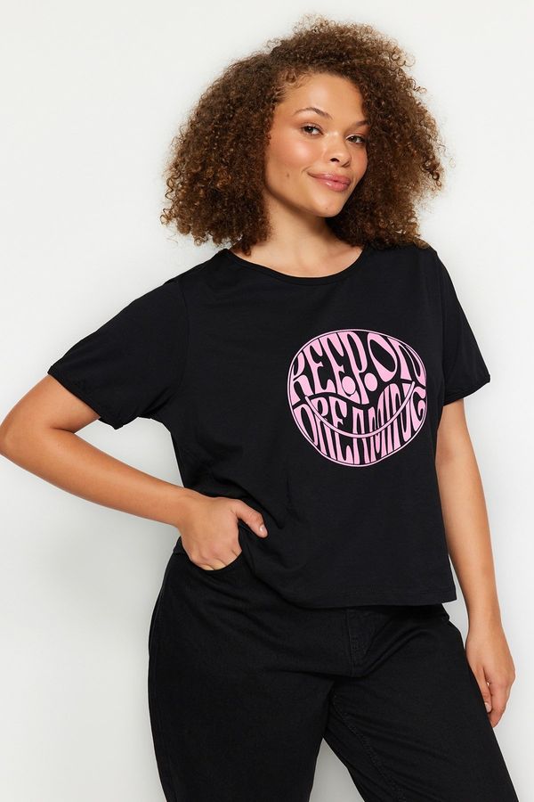 Trendyol Trendyol Curve Black Regular Slogan Printed Crop Length 100% Cotton Knitted Plus Size T-shirt