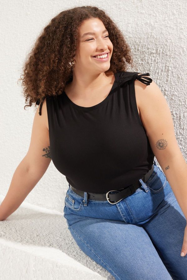 Trendyol Trendyol Curve Black Shoulder Gathered Bow Detail Boydcone Knitted Plus Size Blouse