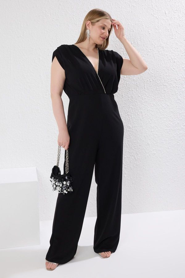 Trendyol Trendyol Curve Black Sleeveless Double Breasted Knitted Plus Size Jumpsuit