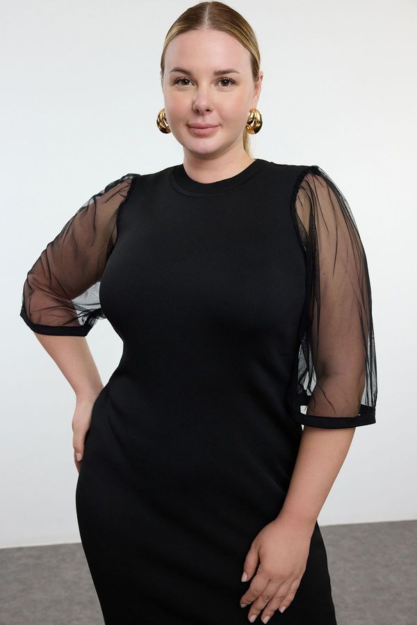 Trendyol Trendyol Curve Black Sleeves Tulle Midi Length Knitwear Dress