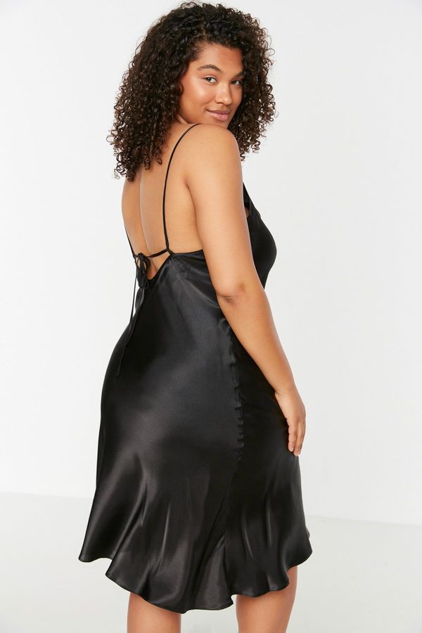 Trendyol Trendyol Curve Black Straps, Satin Woven Back Detailed Nightgown
