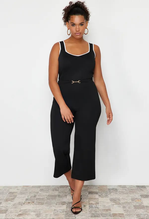 Trendyol Trendyol Curve Black Stripe Detailed Square Neck Bodycon Knit Blouse