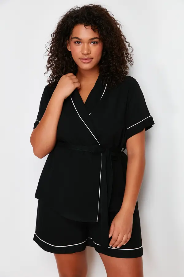 Trendyol Trendyol Curve Black Tie and Piping Detailed Woven Pajamas Set