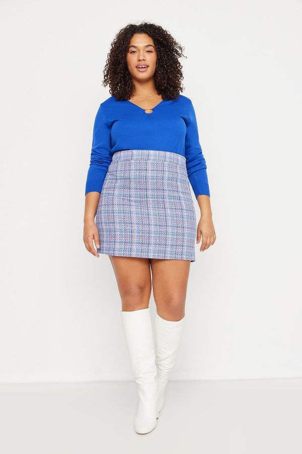 Trendyol Trendyol Curve Blue Plaid Tweed Mini Woven Plus Size Skirt