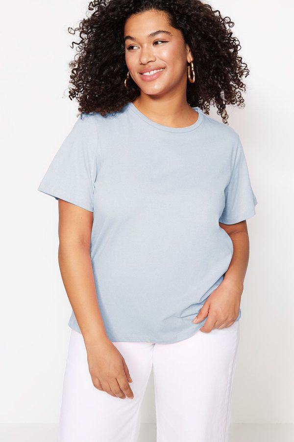 Trendyol Trendyol Curve Blue Regular Fit Basic Crew Neck 100% Cotton Knitted Plus Size T-Shirt