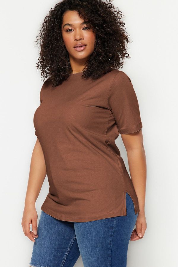 Trendyol Trendyol Curve Brick Boyfriend Crew Neck Slit 100% Cotton Knitted T-Shirt