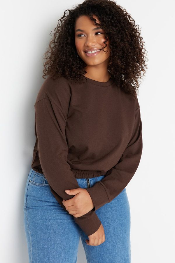 Trendyol Trendyol Curve Brown Elastic Waist Thin Crop Knitted Sweatshirt