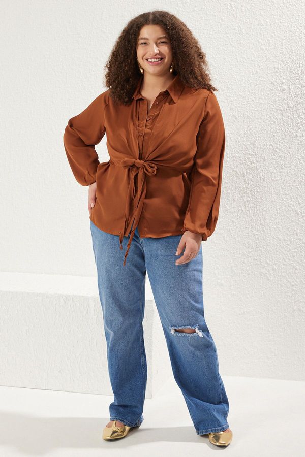 Trendyol Trendyol Curve Brown Long Sleeve Waist Tie Detailed Fine Weaving Plus Size Shirt