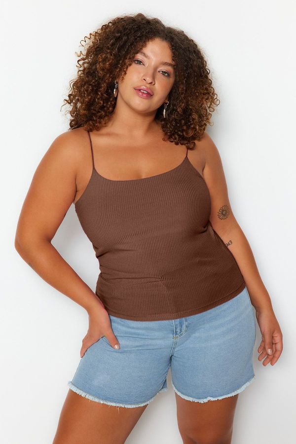 Trendyol Trendyol Curve Brown Spaghetti Strappy Crop Ribbed Knit Plus Size Blouse