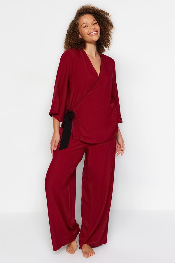 Trendyol Trendyol Curve Burgundy Double Breasted Collar Tied Woven Pajamas Set