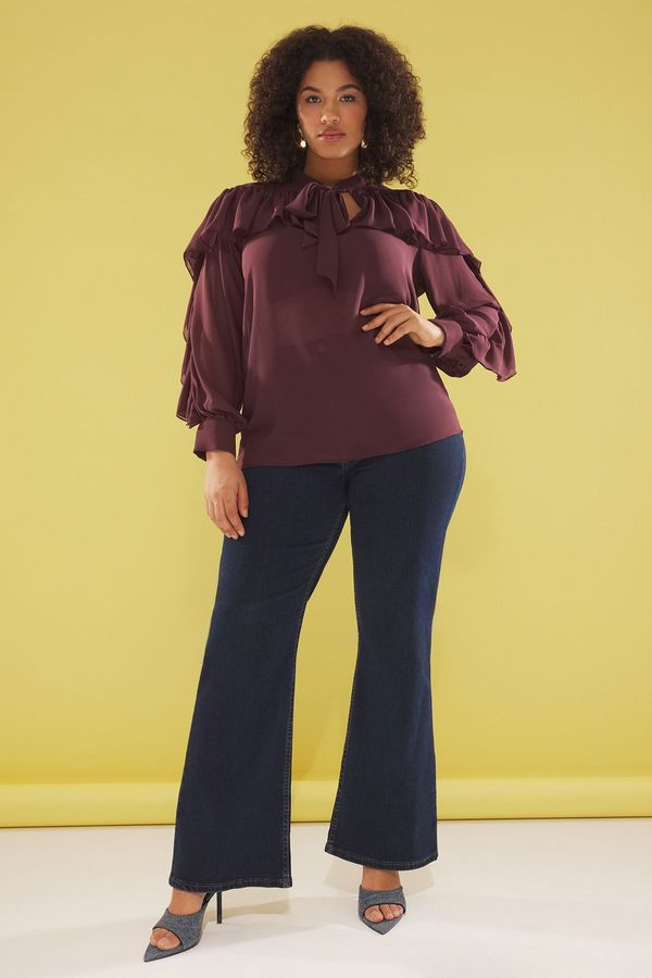 Trendyol Trendyol Curve Burgundy Neck Tie Long Sleeve Ruffle Woven Plus Size Blouse