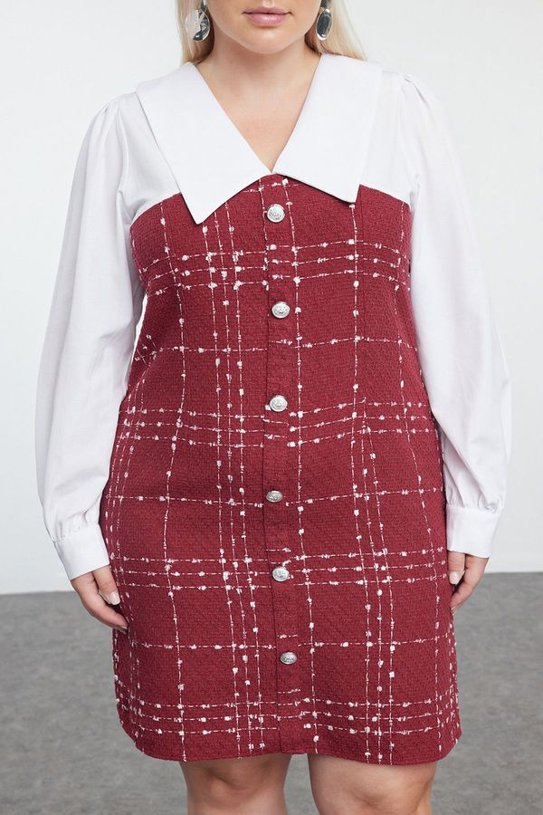 Trendyol Trendyol Curve Burgundy Tweed Woven Plus Size Dress