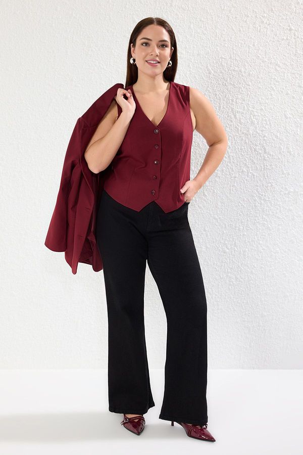 Trendyol Trendyol Curve Burgundy V-Neck Lined Woven Plus Size Vest