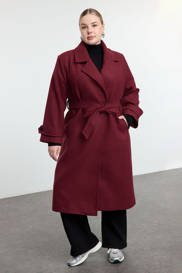 Trendyol Trendyol Curve Claret Red Regular Fit Wide Collar Detailed Long Wool Blend Cashmere Coat