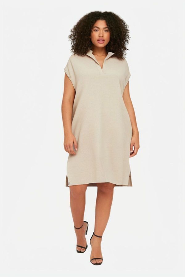 Trendyol Trendyol Curve Cream Shirt Collar Slit Woven Plus Size Dress