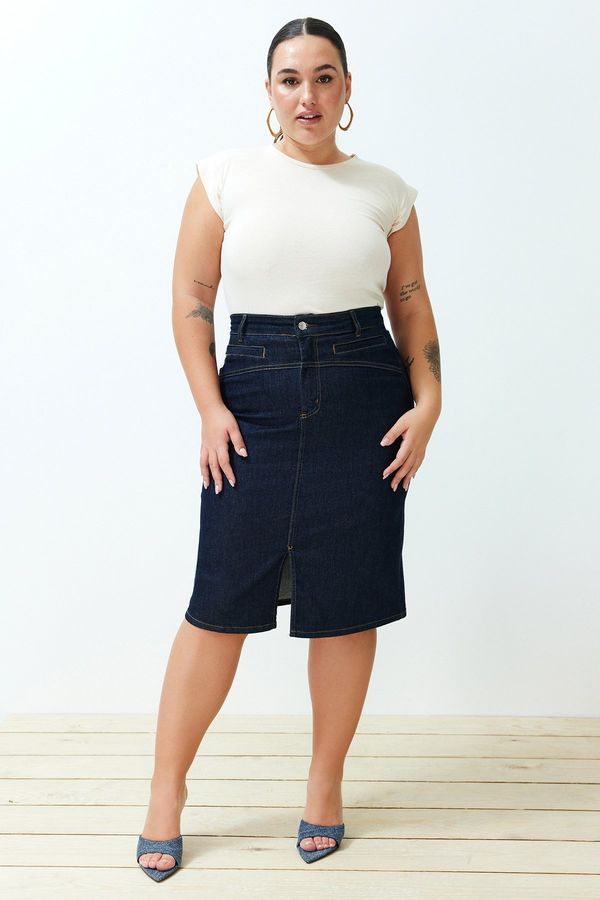 Trendyol Trendyol Curve Dark Blue Slit Mini Pencil Denim Skirt