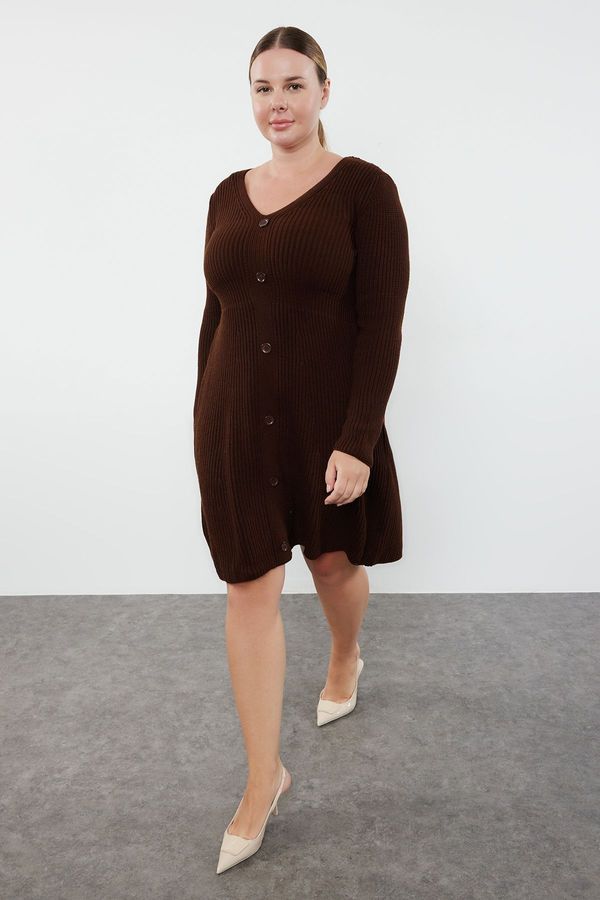 Trendyol Trendyol Curve Dark Brown V-Neck Knitwear Dress