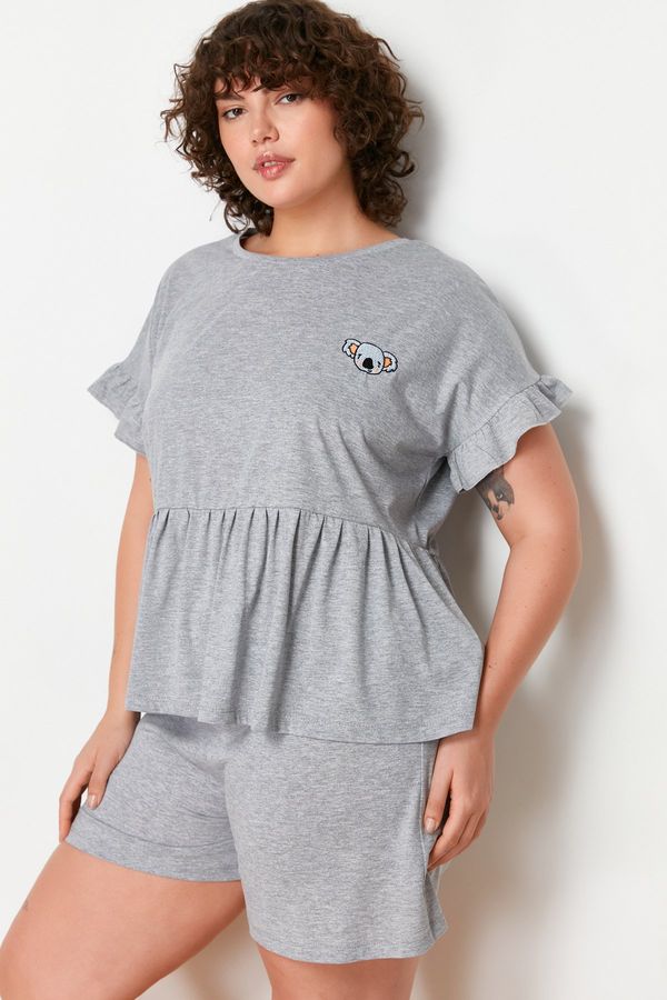 Trendyol Trendyol Curve Gray Melange Koala Embroidered Single Jersey Knitted Pajamas Set