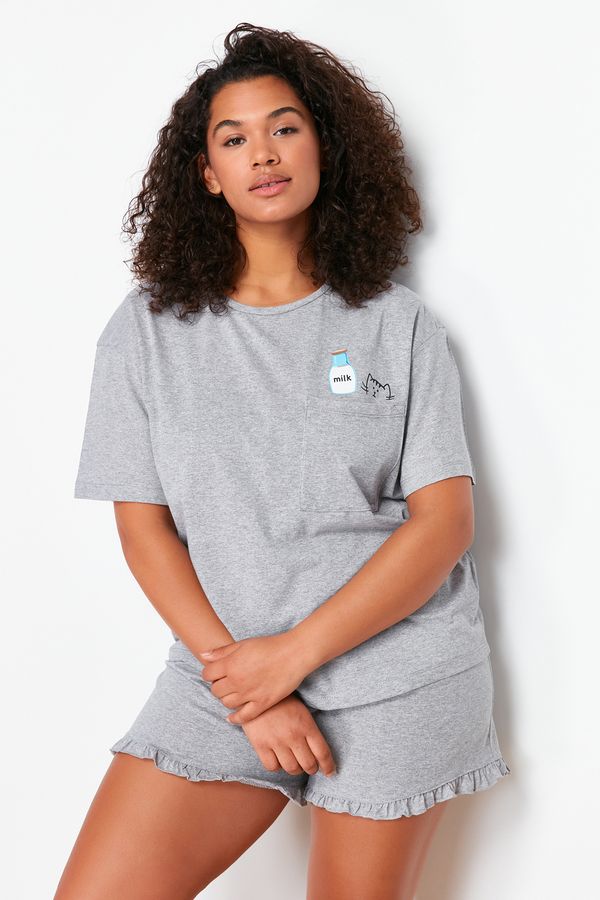 Trendyol Trendyol Curve Gray Single Jersey Knitted Plus Size Pajamas Set