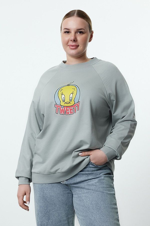 Trendyol Trendyol Curve Gray Tweety Licensed Crew Neck Knitted Plus Size Sweatshirt