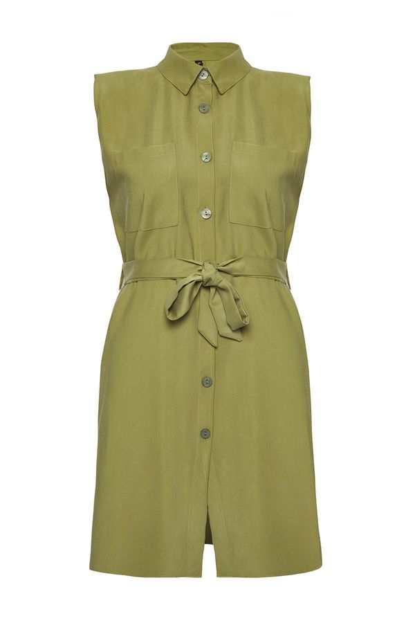 Trendyol Trendyol Curve Khaki Sleeveless Belted Mini Woven Plus Size Shirt Dress
